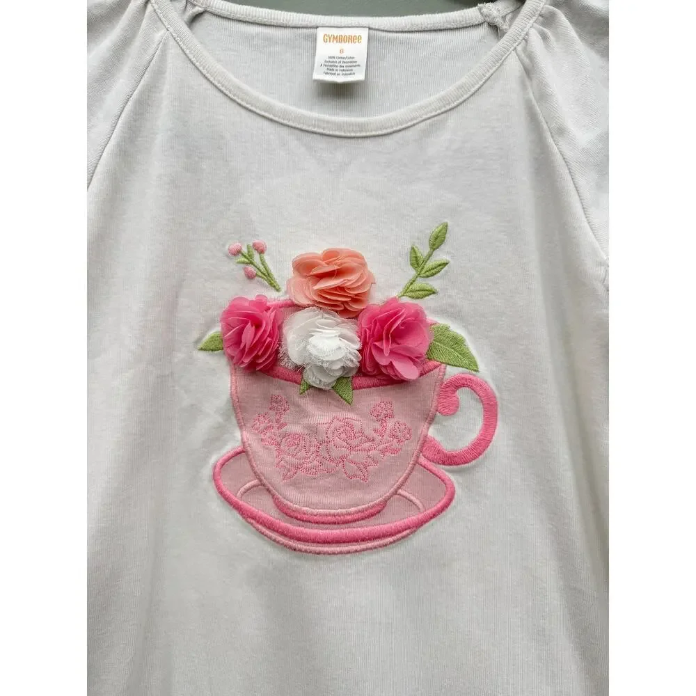 Gymboree Girls Floral Teacup Appliqué Top Size 8 Cottagecore Pink Rosette Tee